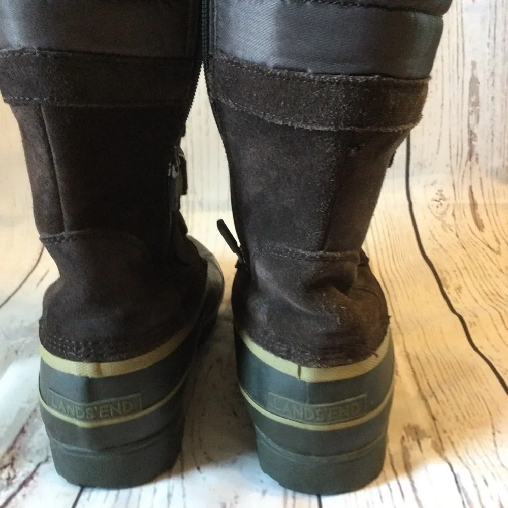 Lands End Women's Warm Brown Fabric & Suede Fur-Lined Winter Boots Zip Size 8.5